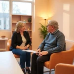 Professionelle pflegeberatung köln, die einen älteren Klienten in einem einladenden Beratungsraum unterstützt.