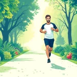 Inspirierender Prozess des Gewichtsverlusts: Jogger in einem sonnigen Park umgeben von frischen Lebensmitteln.