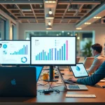 Visualisieren Sie den Prozess des SEO-Rankings in einer modernen Büroumgebung mit Laptops und Datenanalysen.