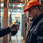 Technician performing a DGUV V3 Prüfung on electrical devices, ensuring workplace safety and compliance.