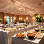 Ein stilvolles Eventcatering-Buffet mit kreativ angerichteten Speisen und festlicher Atmosphäre.