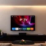Erleben Sie IPTV Smarters Player auf iptv-smarters-player.net in einem modernen Wohnzimmer-Setup.