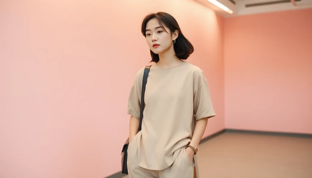 Trage stil-koreanisch mit eleganten pastellfarbenen Outfits in einem urbanen Setting.