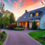 Verschönere dein Leben mit einem Hauskauf: modernes Einfamilienhaus umgeben von einem blühenden Garten bei Sonnenuntergang.