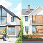 Visualisieren Sie eine beeindruckende Hausrenovierung: Vorher-Nachher-Transformation eines modernen Hauses mit Handwerkern.