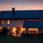 Entdecken Sie ein Photovoltaik Komplettsystem für Einfamilienhäuser auf einem modernen Zuhause, umgeben von einem Garten und sanften Hügeln.