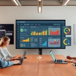 Visualisieren Sie einen modernen Arbeitsplatz mit einem Review Tracker Display, wo das Team gemeinsam an Kundenrezensionen arbeitet.