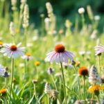 Pflanzenheilkunde: Blühende Heilpflanzen in einer natürlichen Landschaft darstellen.