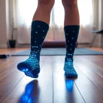 Sportliche Person präsentiert ihre einzigartigen neuro socks in einem modernen Raum für mehr Komfort und Unterstützung.