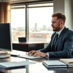 Headhunter Rostock arbeitet konzentriert in einem modernen Büro mit Stadtansicht.