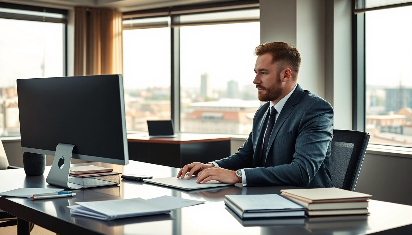 Headhunter Rostock arbeitet konzentriert in einem modernen Büro mit Stadtansicht.