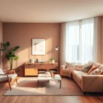 Inspirierende Raumgestaltung mit warmem Licht und harmonischer Farbpalette für ein einladendes Wohnambiente.
