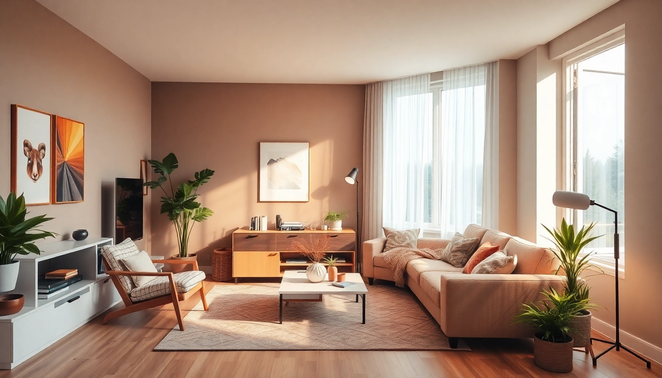 Inspirierende Raumgestaltung mit warmem Licht und harmonischer Farbpalette für ein einladendes Wohnambiente.