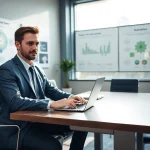 Headhunter Wolfsburg berät Kunden in modernem Büro mit Laptop und Diagrammen.