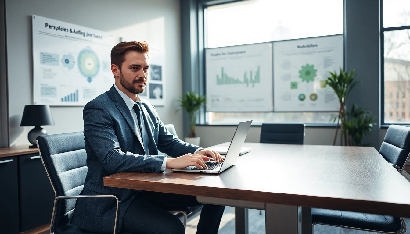 Headhunter Wolfsburg berät Kunden in modernem Büro mit Laptop und Diagrammen.