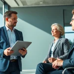 Eine Beratungssituation zwischen Headhunter Pflegekräfte und Bewerber, die Professionalität und Vertrauen ausstrahlt.