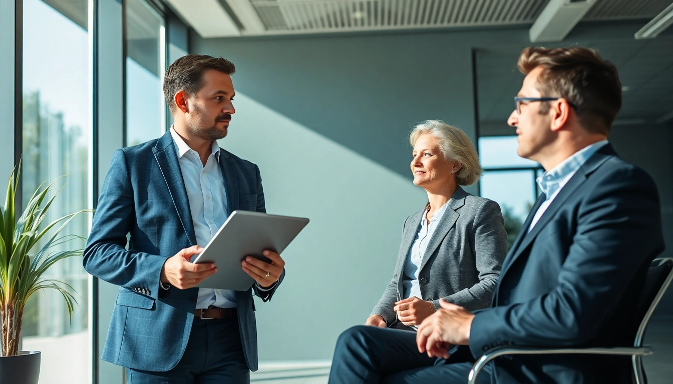 Eine Beratungssituation zwischen Headhunter Pflegekräfte und Bewerber, die Professionalität und Vertrauen ausstrahlt.