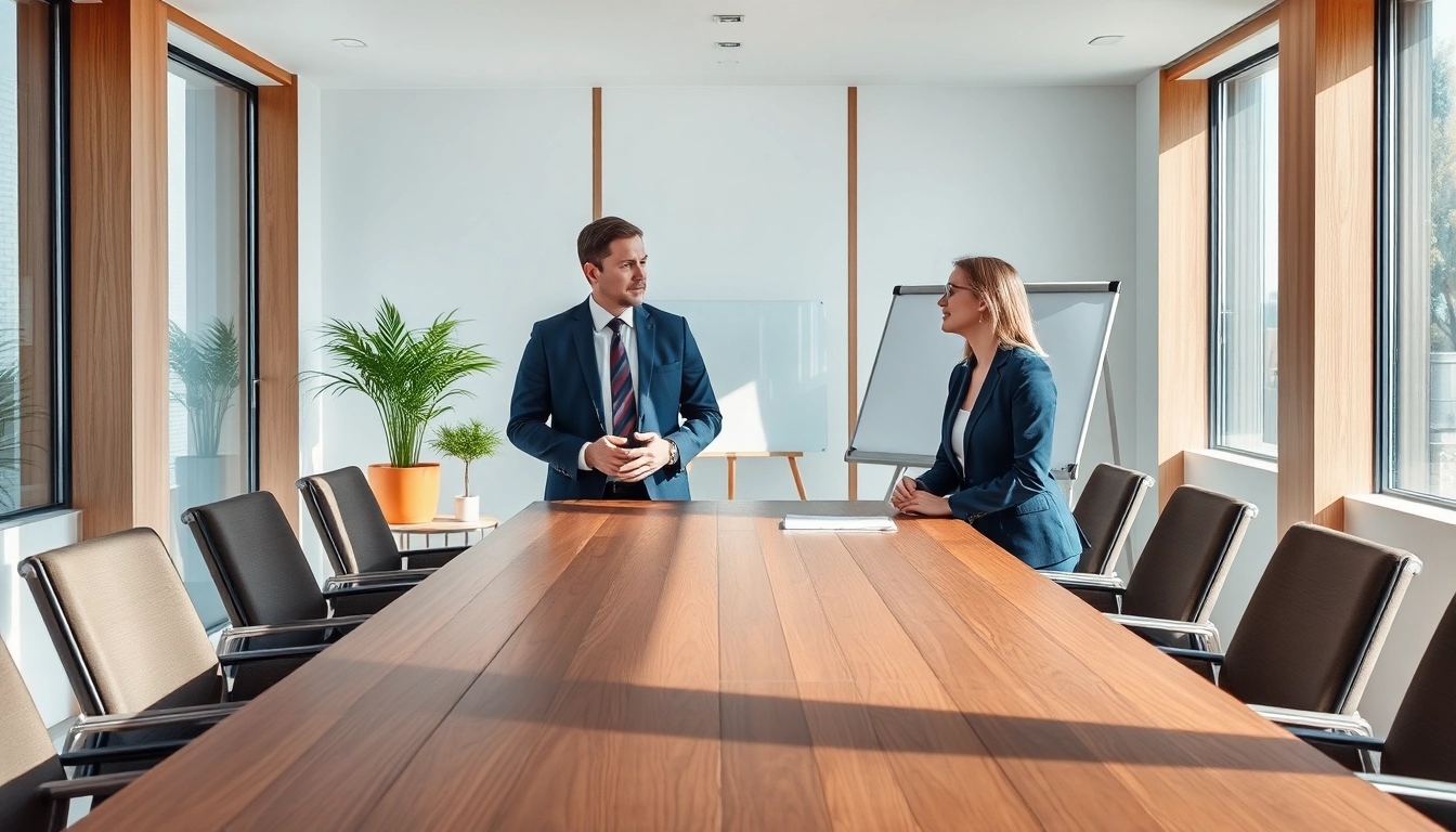 Headhunter Geschäftsführer im modernen Konferenzraum bei der Beratung einer Führungskraft.