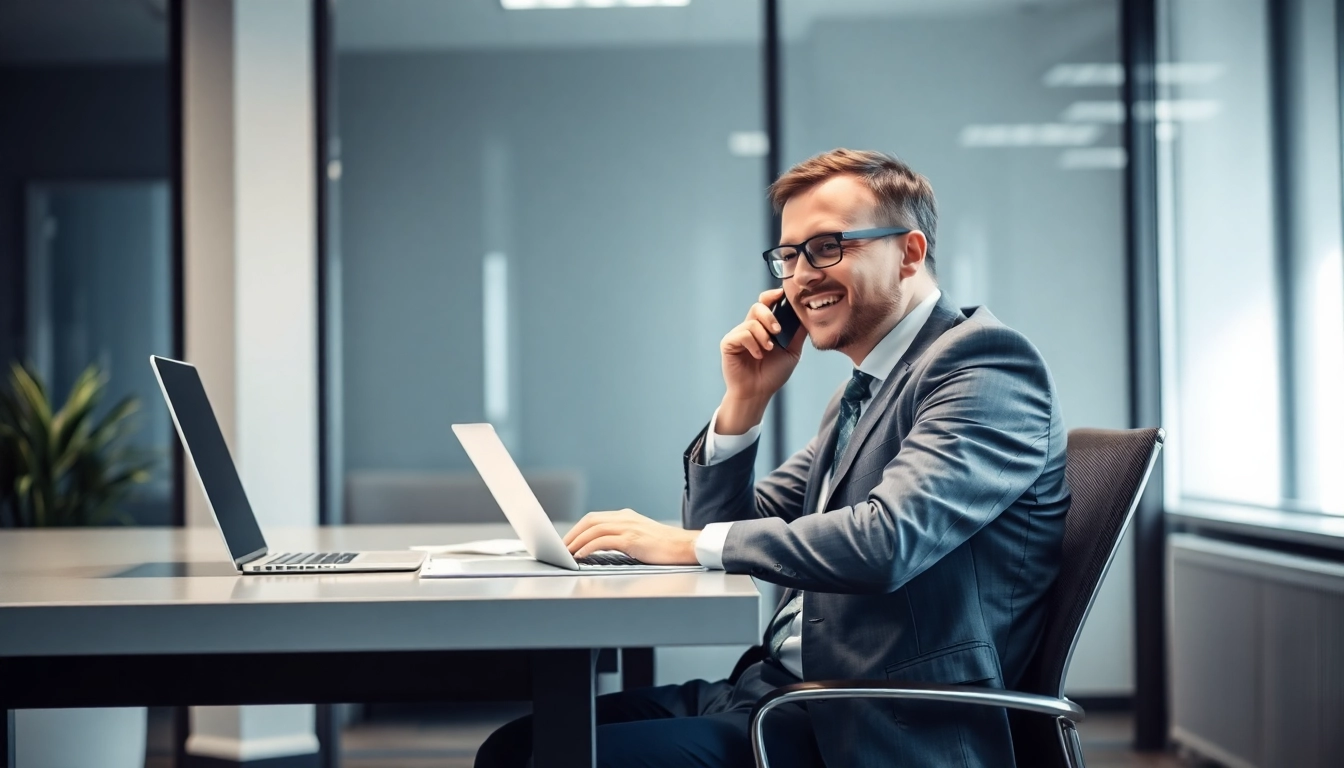 Professioneller Headhunter Heidelberg am Schreibtisch bei einem Telefonat, umgeben von Notizen und einem Laptop.