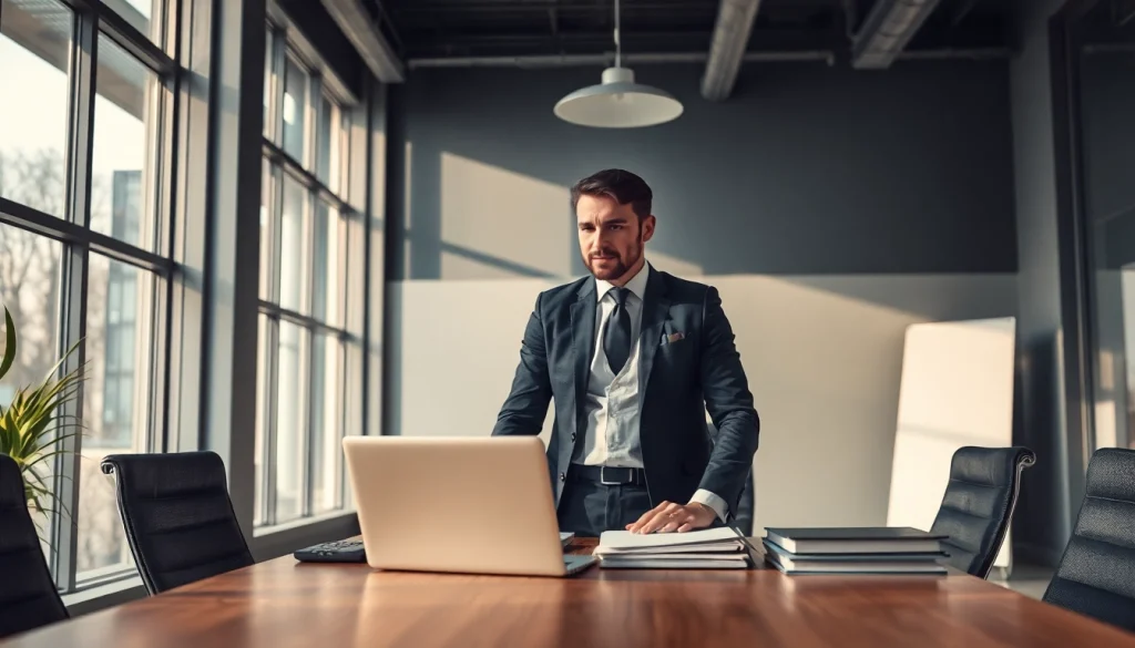 Headhunter arbeitet konzentriert in einem modernen Büro, umgeben von Akten und Laptop.