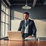Headhunter arbeitet konzentriert in einem modernen Büro, umgeben von Akten und Laptop.