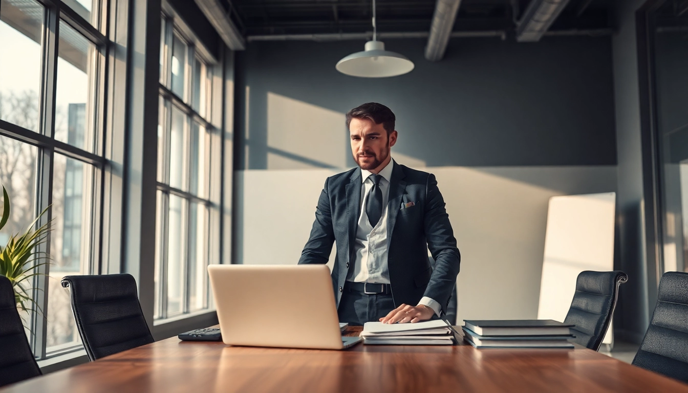 Headhunter arbeitet konzentriert in einem modernen Büro, umgeben von Akten und Laptop.