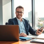 Headhunter Erfurt bei der Arbeit in einem modernen Büro mit urbanem Blick.
