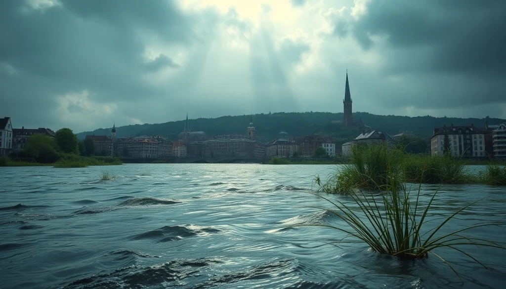 Schutzmassnahmen Hochwasser sichtbar in städtischer Umgebung mit Deichen und Schilfrohr.