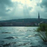 Schutzmassnahmen Hochwasser sichtbar in städtischer Umgebung mit Deichen und Schilfrohr.