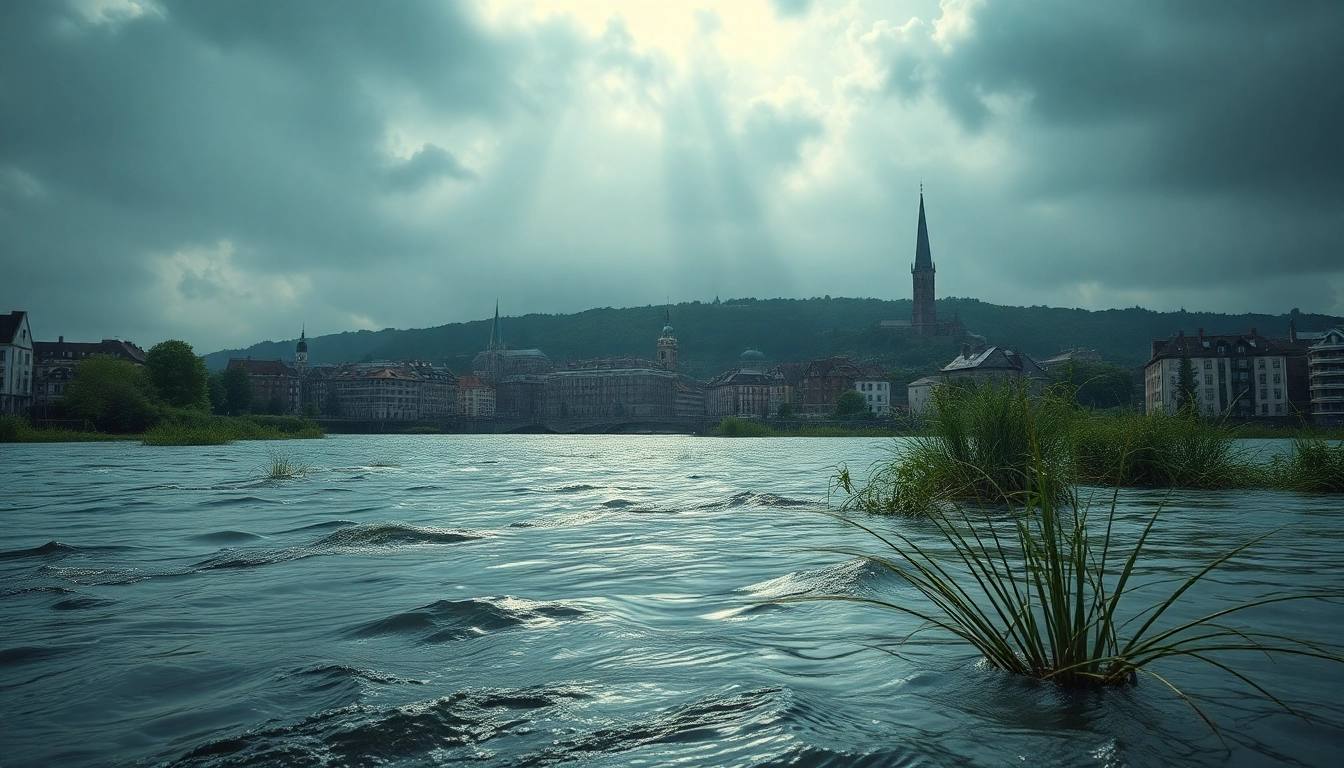 Schutzmassnahmen Hochwasser sichtbar in städtischer Umgebung mit Deichen und Schilfrohr.
