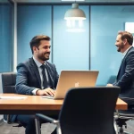 Headhunter IT bei der Besprechung mit Klienten in modernem Büro-Setting.