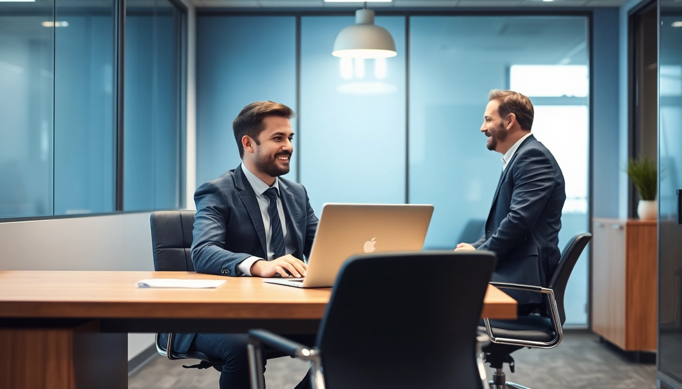Headhunter IT bei der Besprechung mit Klienten in modernem Büro-Setting.