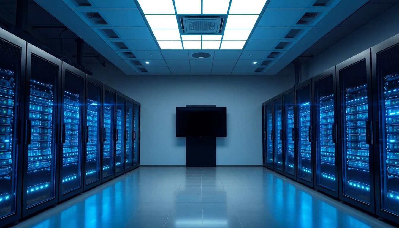 Machen Sie einen Kauf von Microsoft Server 2022 Standard günstig kaufen mit einem modernen Serverraum im Hintergrund.