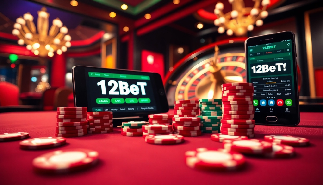 Experience the thrill of link 12bet as you engage with vibrant casino visuals featuring poker chips and cards.