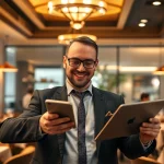 Headhunter Gastronomie bei der Rekrutierung talentierter Mitarbeiter in einem eleganten Restaurant, umgeben von köstlichen Gerichten.