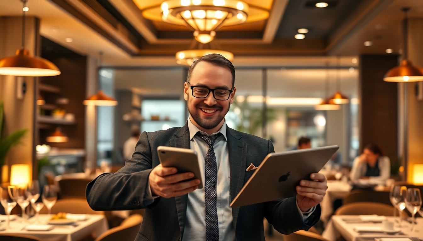 Headhunter Gastronomie bei der Rekrutierung talentierter Mitarbeiter in einem eleganten Restaurant, umgeben von köstlichen Gerichten.