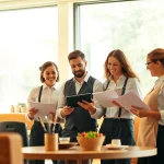 Headhunter Gastronomie-Team im modernen Büro bei der Arbeit, dynamische Gespräche über Jobs.