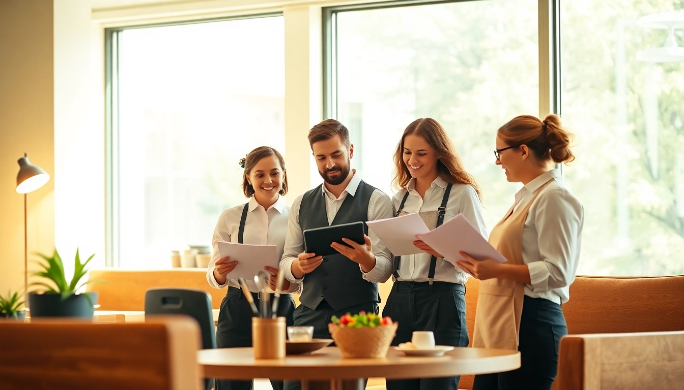 Headhunter Gastronomie-Team im modernen Büro bei der Arbeit, dynamische Gespräche über Jobs.