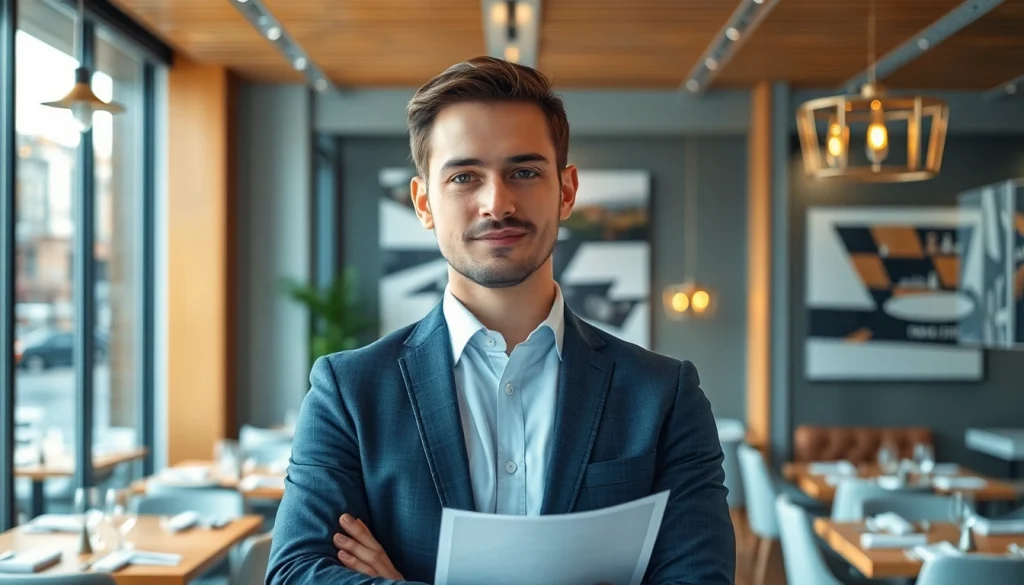 Headhunter Gastronomie im eleganten Büro, während er Unterlagen durchsieht.