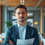 Headhunter Gastronomie im eleganten Büro, während er Unterlagen durchsieht.