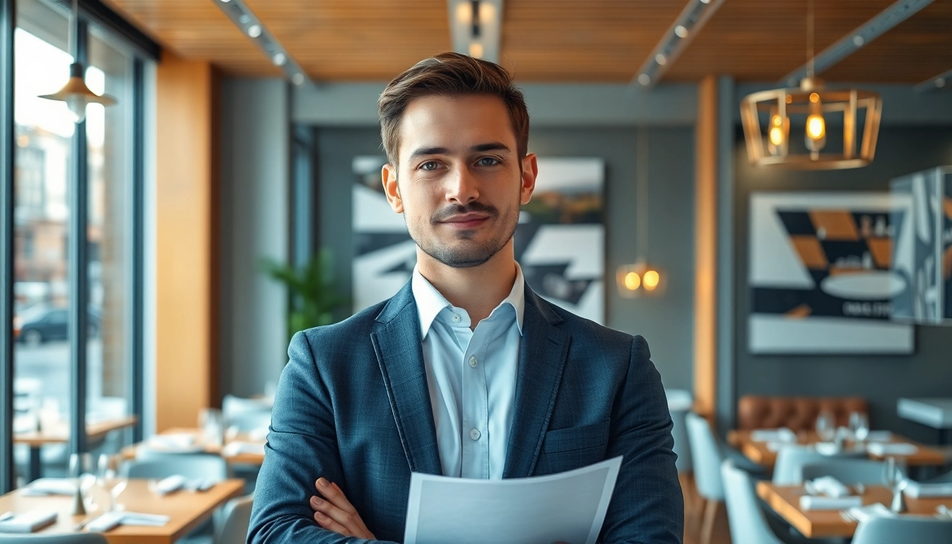 Headhunter Gastronomie im eleganten Büro, während er Unterlagen durchsieht.