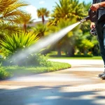 Driveway pressure wash in action, showcasing a technician cleaning a concrete driveway in Kissimmee, FL.
