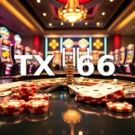 Experience the thrill of TX666 with vibrant casino elements, including roulette, poker chips, and cards.