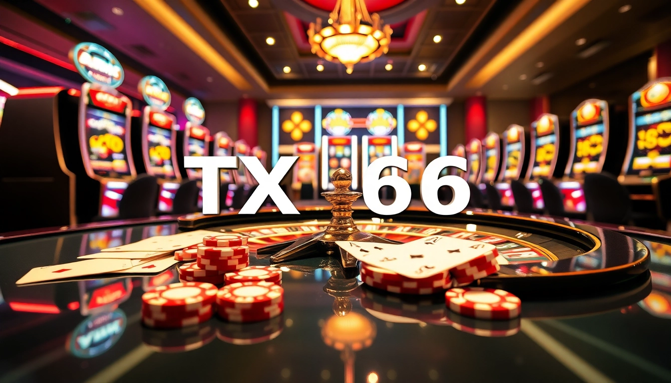 Experience the thrill of TX666 with vibrant casino elements, including roulette, poker chips, and cards.