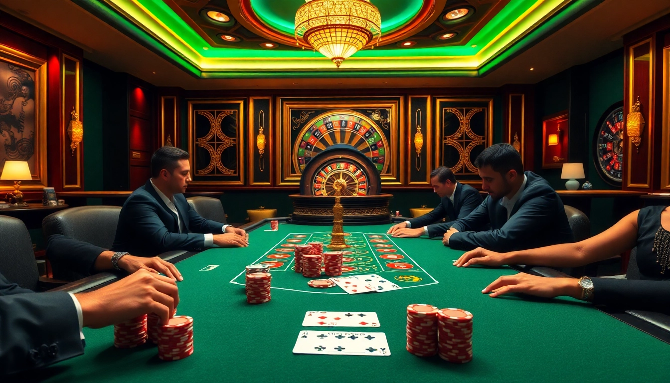 SODO66 poker players strategizing at a luxurious casino table with poker chips and cards.