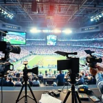 Sports Broadcasting professionals in a vibrant studio setting with live coverage.