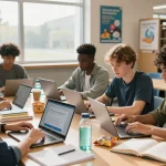 Studierende nutzen Hausaufgaben Löser online in einem hellen Bibliotheksstudienraum