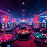 Casino gaming scene with 888NEW logo, showcasing lively players at poker and slot machines.