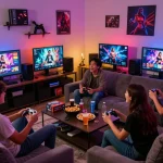 Engaging social scene of friends playing sex game online together, surrounded by gaming screens and snacks.