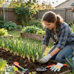 Lauch pflanzen kaufen in a home garden setting during morning sunlight with gardener planting seedlings.